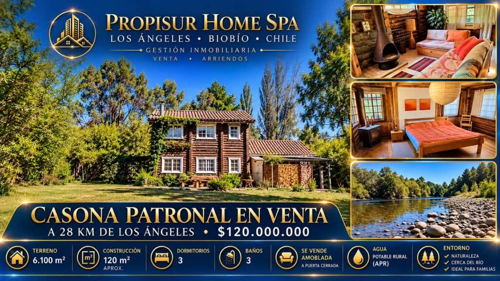 Vendo casa en Los Ángeles, sector Santa Elisa, Quilaco. Casa amoblada de 3 dormitorios, 3 baños y terreno de 6.100 m².