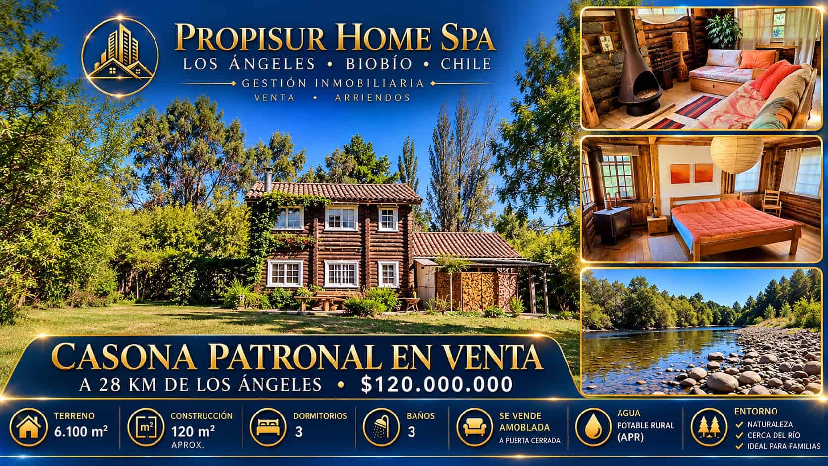Vendo casa en Los Ángeles, sector Santa Elisa, Quilaco. Casa amoblada de 3 dormitorios, 3 baños y terreno de 6.100 m².
