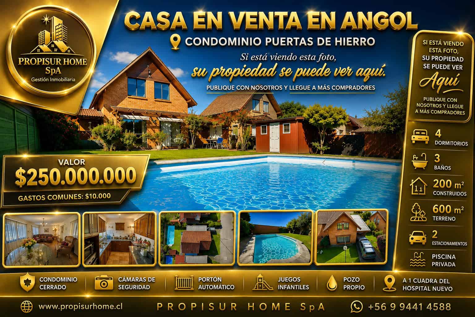 Banner casa en venta en Angol, Condominio Puertas de Hierro, 4 dormitorios, 3 baños, piscina privada, Propisur Home SpA.