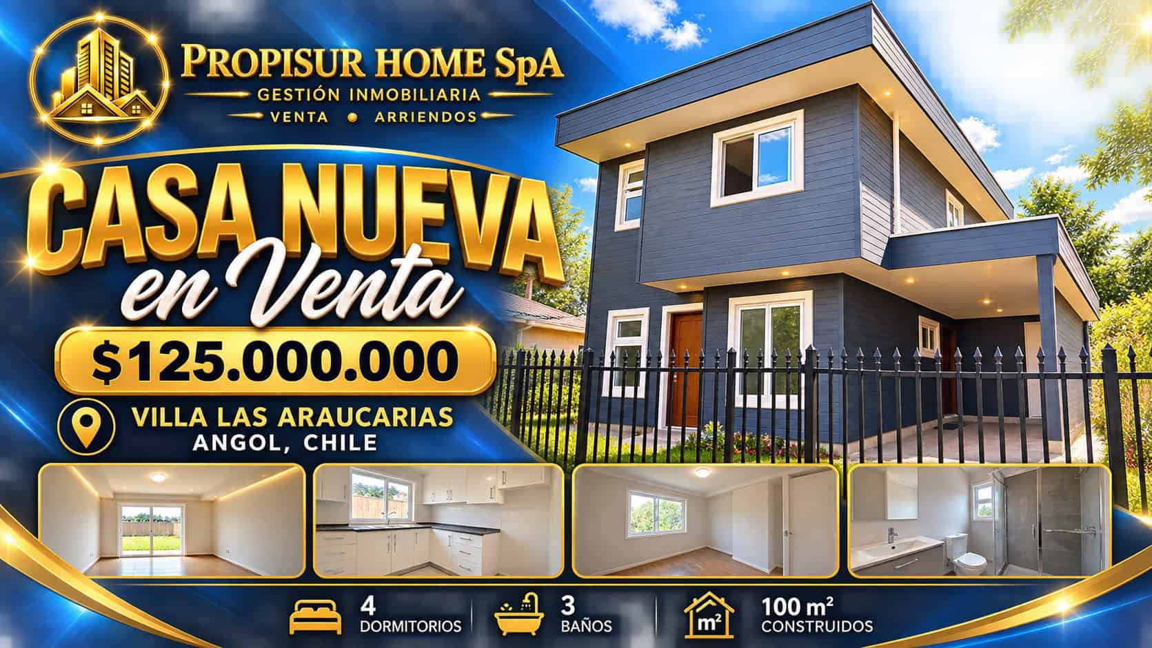 Casa nueva en venta en Villa Las Araucarias, Angol, 4 dormitorios, 3 baños y 100 m²