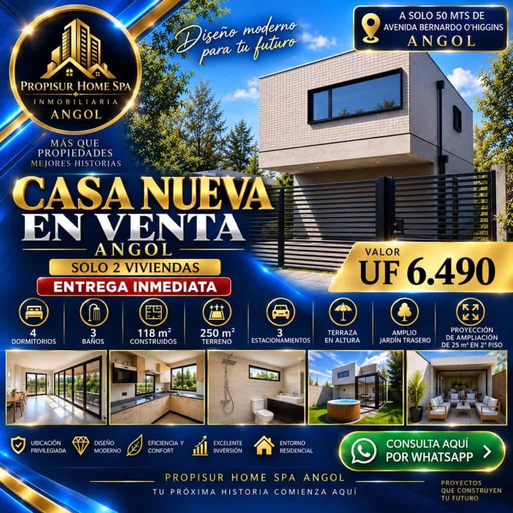 Casa nueva en venta en Angol de alto estándar con 4 dormitorios y 3 baños