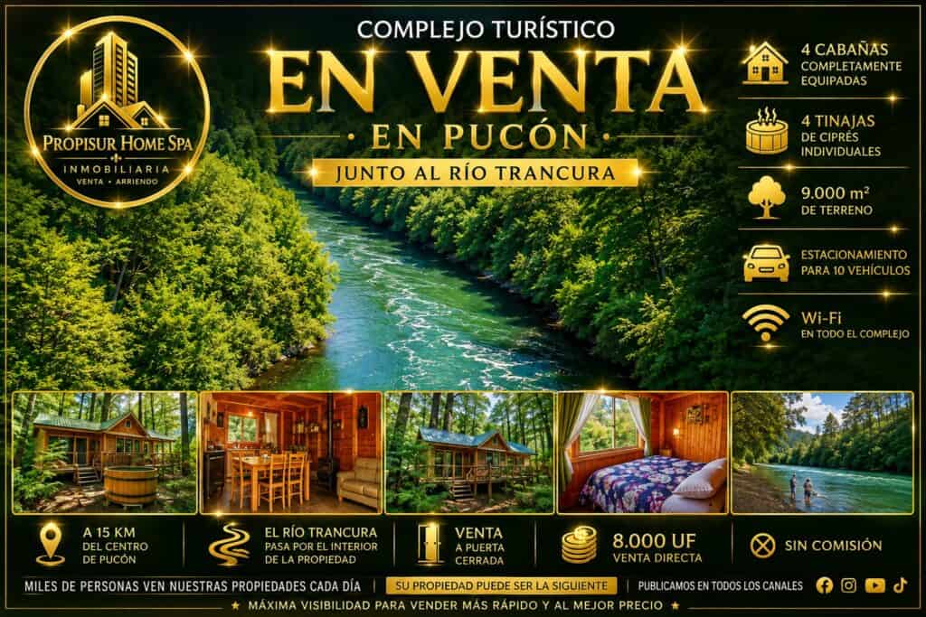 Banner del complejo turístico en venta en Pucón junto al río Trancura con cuatro cabañas equipadas - Propisur Home SpA.