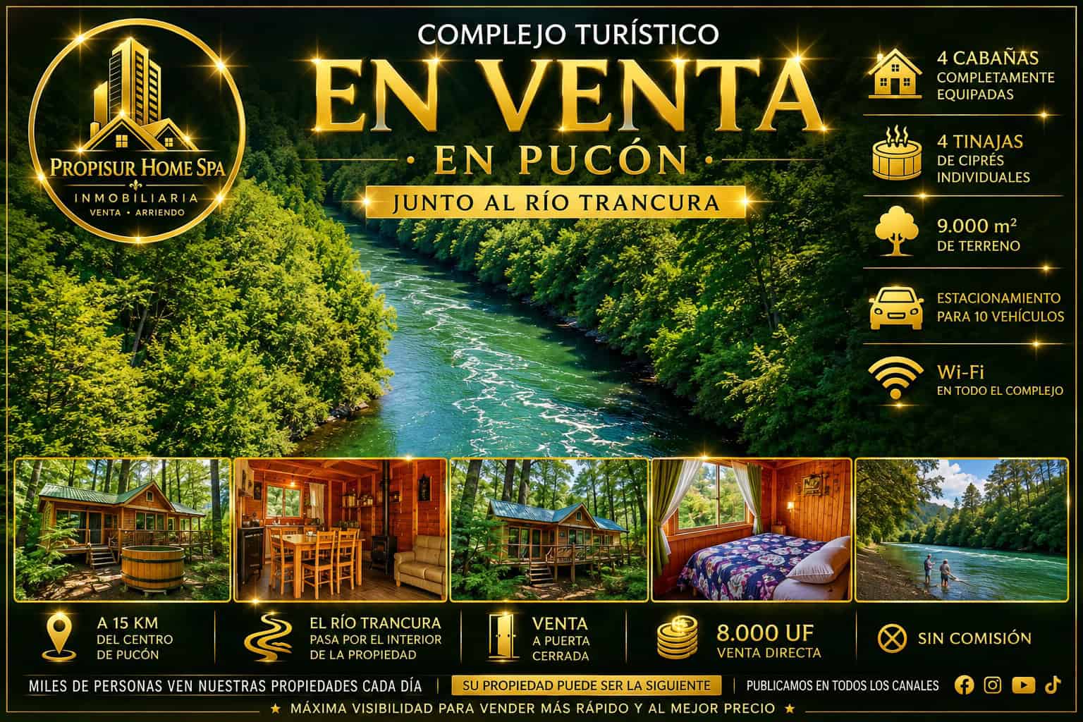 Banner del complejo turístico en venta en Pucón junto al río Trancura con cuatro cabañas equipadas - Propisur Home SpA.